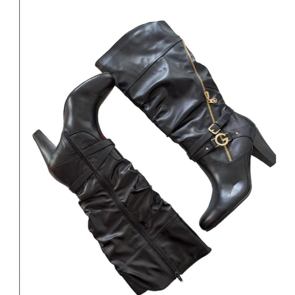 Women's G by Guess Black Heeled Boots 9.5 with Gold Accents